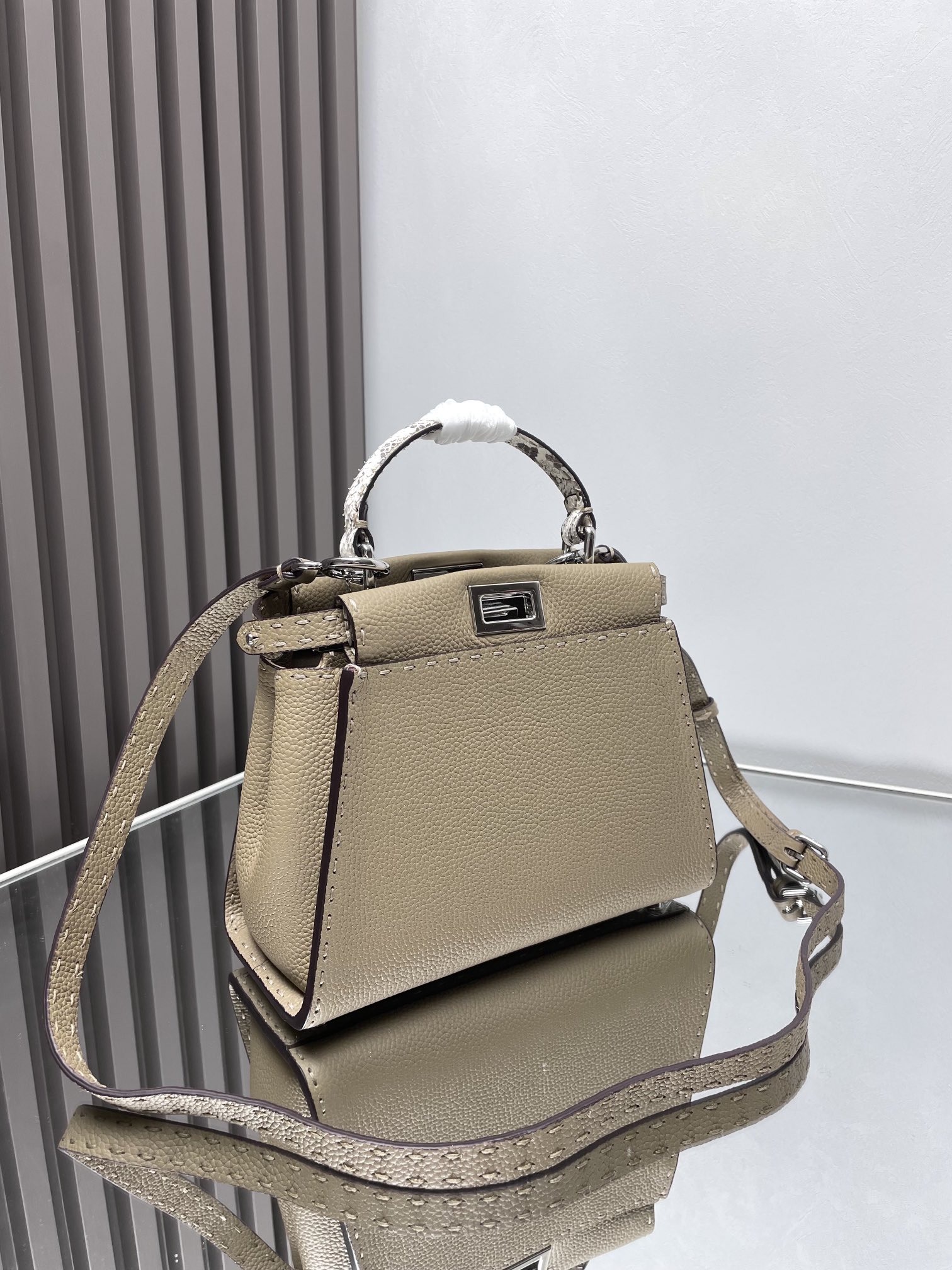 Fendi Peekaboo ISeeU Mini Grey Selleria Bag with 1048 Hand-sewn Topstitches